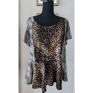 NY Collection Women's 2X Animal Print Peplum Stretch Short Sleeve Top Shirt